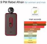 Afnan 9PM Rebel Eau de Parfum bottle with fragrance notes for men and women, featuring fruity and woody accords.
